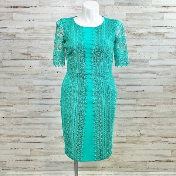 Antonio Melani Crochet Lace Sheath Dress Womens Size 10 Green Short Sleeve - Picture 2 of 14